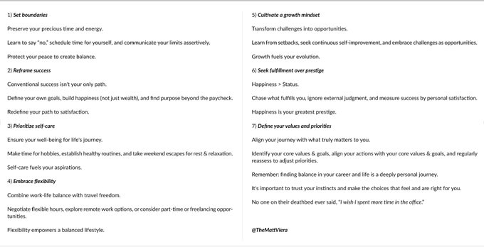TheMattViera's tweet photo. Most people say they want better work-life balance.

But they sacrifice their life for work that leaves them drained.

The truth?

You don’t need to work more. You need to live better.

Here are 7 mindset shifts that can help you reclaim the balance you’ve been chasing: ↓ https://t.co/GecAkwvank