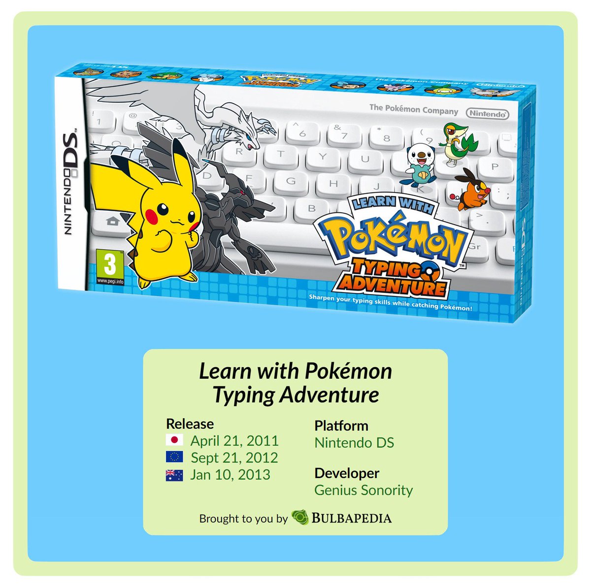 Today is the 14th anniversary of Learn with Pokémon: Typing Adventure, first released in Japan for the Nintendo DS on April 21, 2011!

The player, a new rookie typist, catches Pokémon by correctly typing their names as they appear.