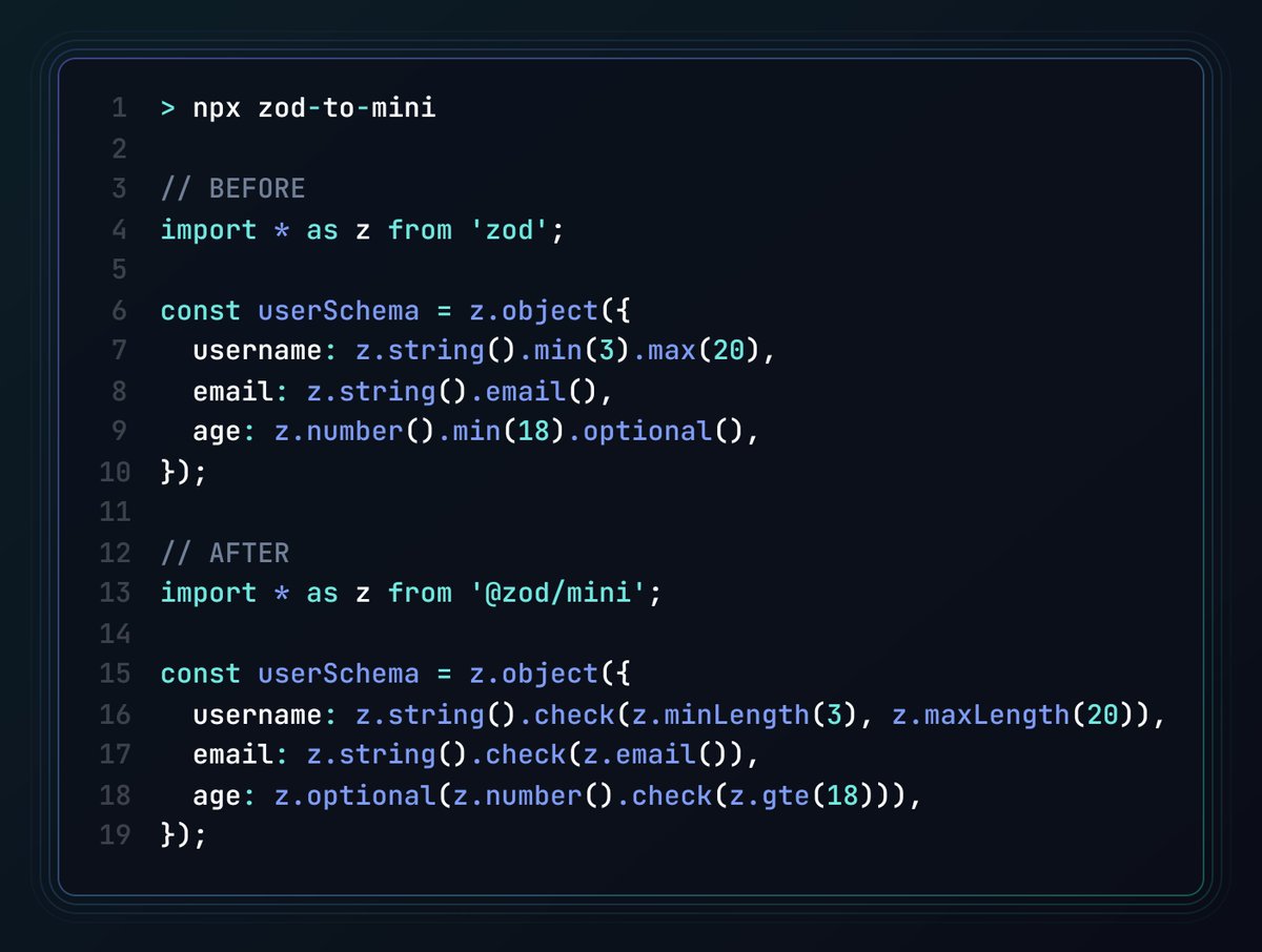 My 🐣 easter project was to create a migration tool to go from zod v3 to @zod/mini.
While it doesn't support everything yet, I think it can help many projects to help the migration.

Try it out, and open issues for cases that are not migrated correctly github.com/timdeschryver/…