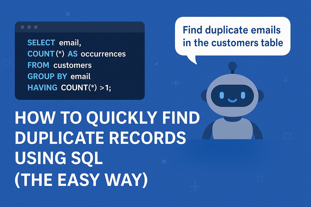 heyAI2sql's tweet image. Messy data? 🧼
Duplicate records skew your insights & cost you time.
Instead of writing GROUP BY + HAVING, just say:
"Find duplicate emails in customers table"
→ Get perfect SQL with AI2sql. Instantly.
#SQL #AI2sql #DataQuality #Productivity #CleanData