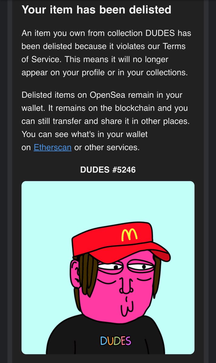 McDonald’s DMCA’d the DUDES and <a href="/opensea/">OpenSea</a> obliged 

You can still buy my heater on <a href="/MagicEden/">Magic Eden 🪄</a> tho 😂

<a href="/thenftdude/">DUDES</a>