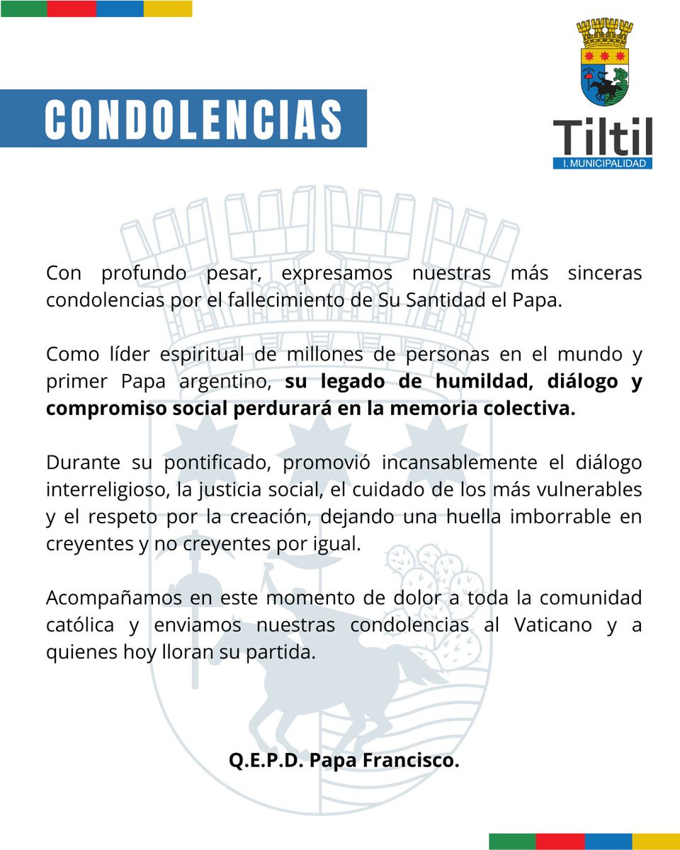 El mundo pierde a un líder que habló con el corazón y caminó con los pies descalzos por la humanidad. 🌍🤍

El Papa Francisco no solo fue el primer pontífice latinoamericano, fue también la voz de todos, con justicia y verdad en tiempos difíciles.

Q.E.P.D Papa Francisco!🕊️