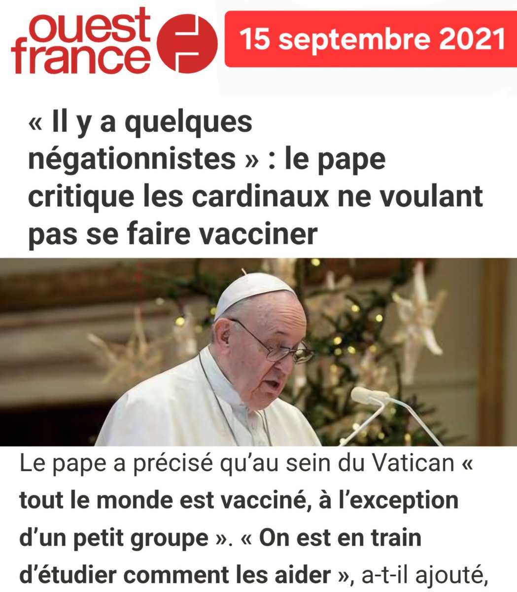 💉LE PAPE FRANÇOIS FUT
UN ARDENT PROMOTEUR
DES INJECTIONS ARNm CONTRE LE COVID
⚠️Il avait même traité de «négationnistes» (!) les cardinaux soucieux du libre-arbitre qui refusaient les injections,en menaçant :
«On est en train d'étudier comment les aider.»
ouest-france.fr/sante/vaccin/i…