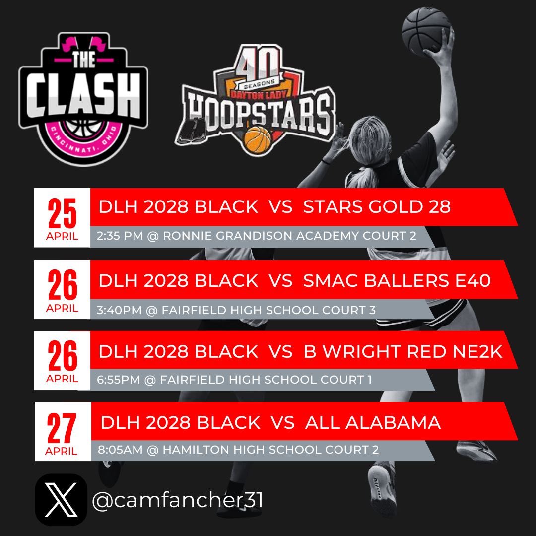 Cam Fancher (@camfancher31) on Twitter photo Dayton Lady HoopStars 2028 Black are back at again this weekend at the Clash!! Come check us out!
<a href="/2028DLH/">Dayton Lady Hoopstars</a> <a href="/DLHoopstars/">DAYTON LADY HOOPSTARS</a> <a href="/SelectEventsBB/">Select Events Basketball</a> #theshorts #dlhfamily #season40 Dayton Lady HoopStars 2028 Black are back at again this weekend at the Clash!! Come check us out!
<a href="/2028DLH/">Dayton Lady Hoopstars</a> <a href="/DLHoopstars/">DAYTON LADY HOOPSTARS</a> <a href="/SelectEventsBB/">Select Events Basketball</a> #theshorts #dlhfamily #season40