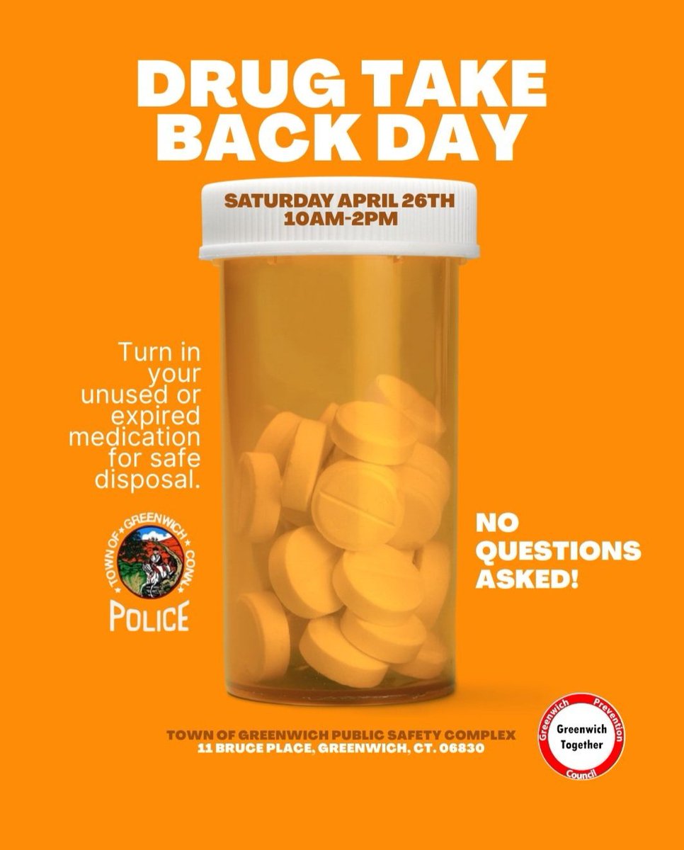 Greenwich PD PIO (@greenwichctpd) on Twitter photo 🌟 Join us for Drug Take Back and Disposal on Saturday, April 26, 2025, from 10 AM to 2 PM at 11 Bruce Place!
<a href="/GreenwichCTOFS/">Town of Greenwich CT</a> 🌟 Join us for Drug Take Back and Disposal on Saturday, April 26, 2025, from 10 AM to 2 PM at 11 Bruce Place!
<a href="/GreenwichCTOFS/">Town of Greenwich CT</a>
