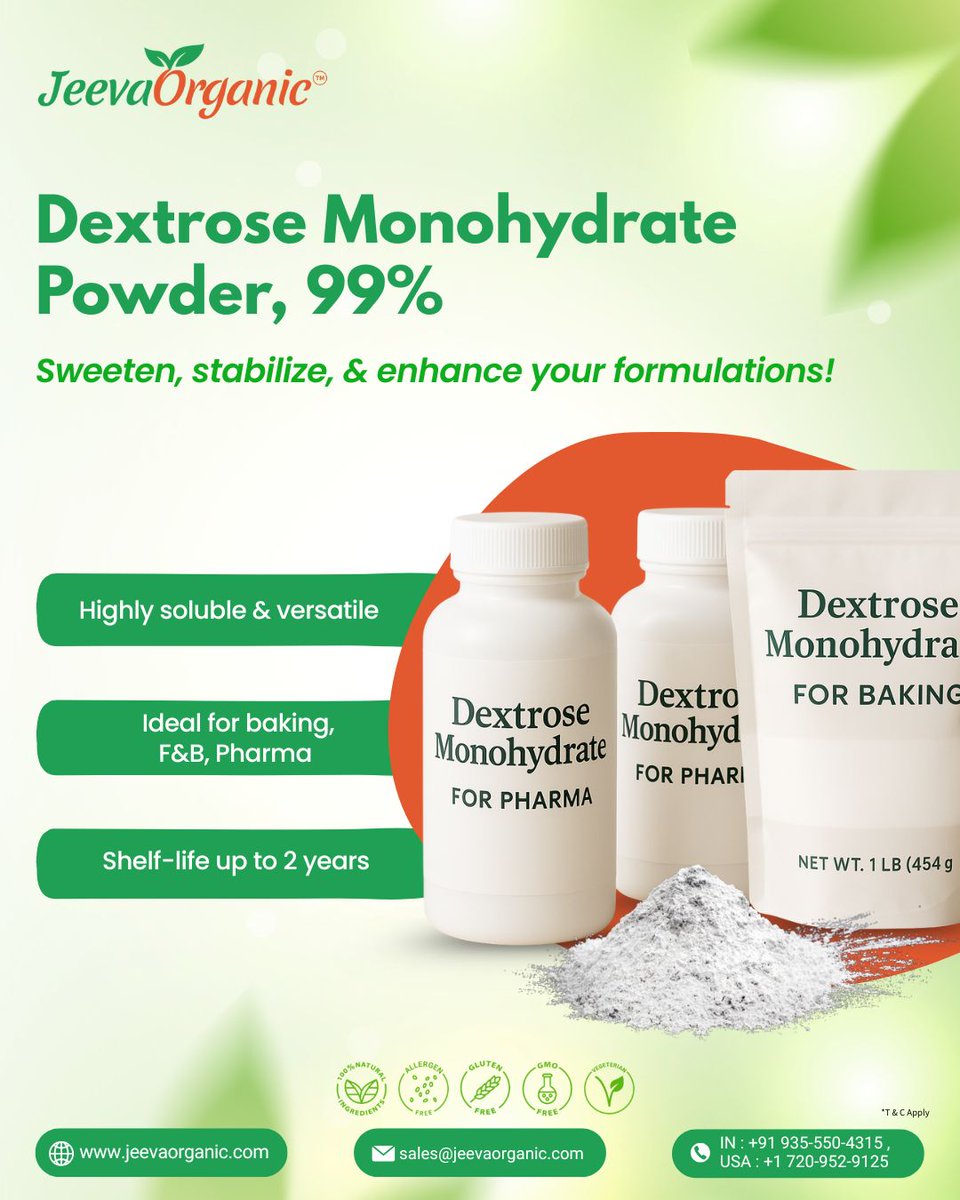 JeevaOrganic's tweet image. Sweeten, stabilize, and enhance your formulations with Dextrose Monohydrate Powder 99%. Get a quote for bulk supply today!
To know more visit jeevaorganic.com/products/bulk-… today.

#B2B #ProductFormulation #IngredientSourcing #FoodIndustry #Pharma