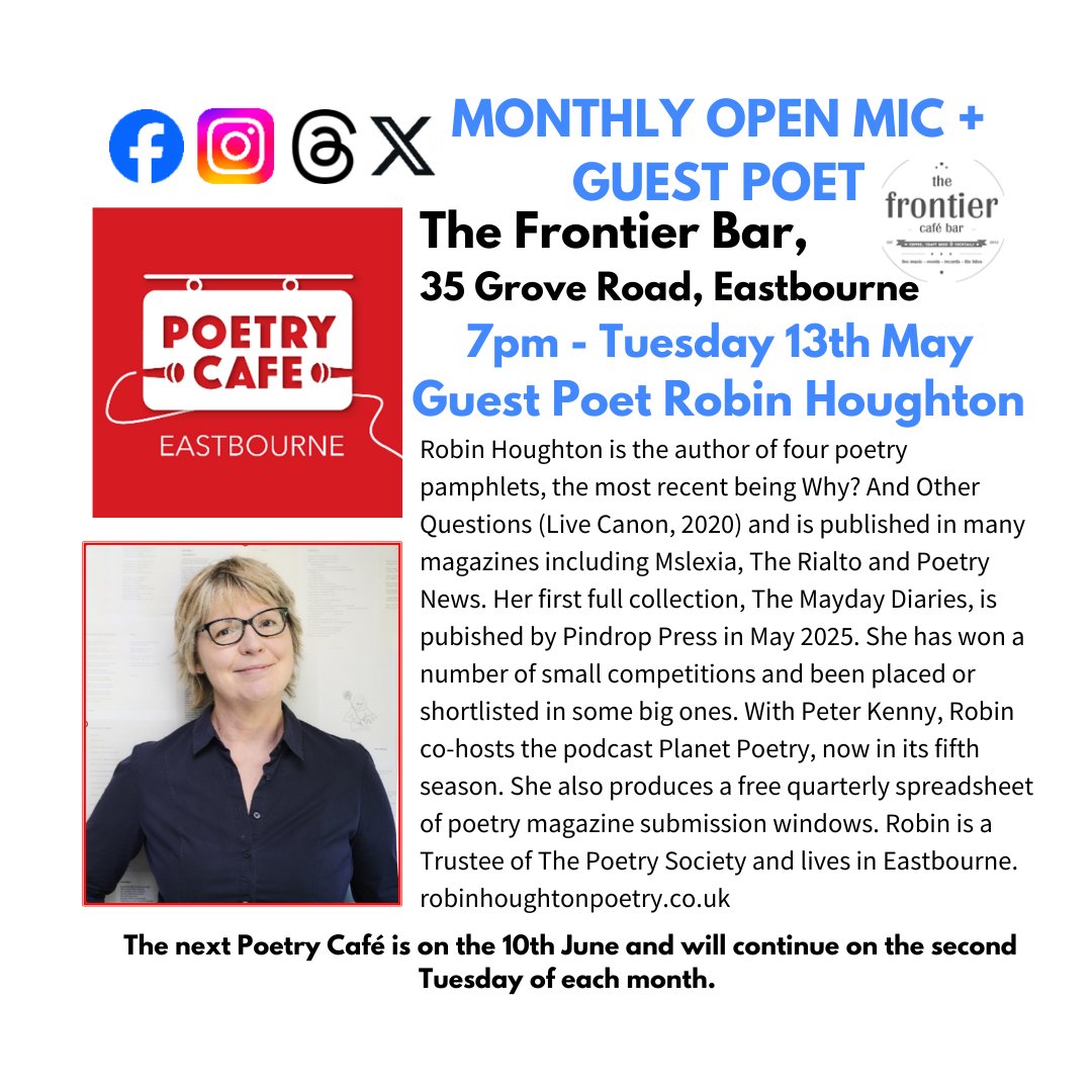 April is quickly slipping into May and we have a treat for you on the 13th: poetry podcaster, blogger and poet, Robin Houghton, will be our Guest Poet for an amazing evening of poetry. Join us @the_frontierbar in Eastbourne. 
#poetry #creativity #community #words #spokenword