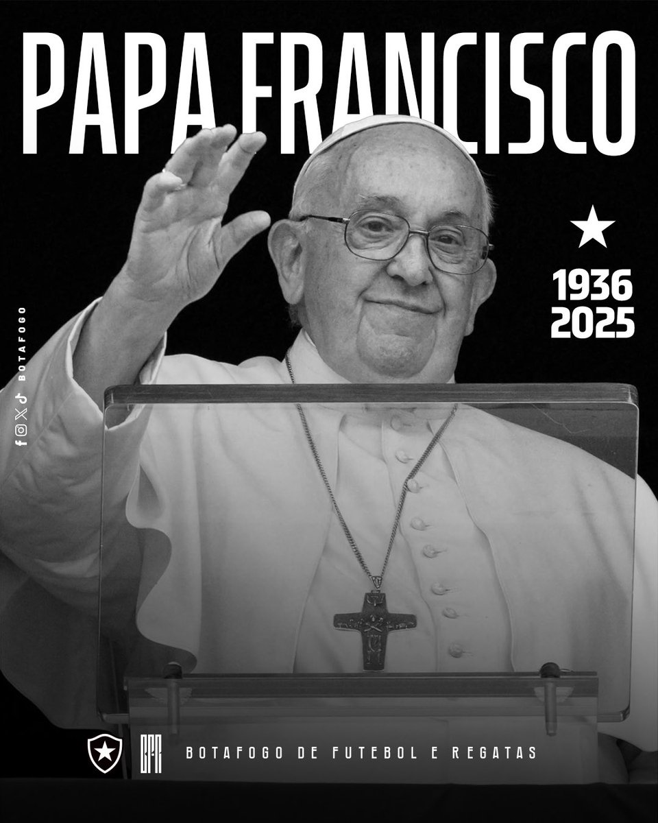 O Botafogo lamenta o falecimento e presta homenagem a Jorge Mario Bergoglio, o Papa Francisco. Descanse em paz! 🙏🏾⭐️ #BFR