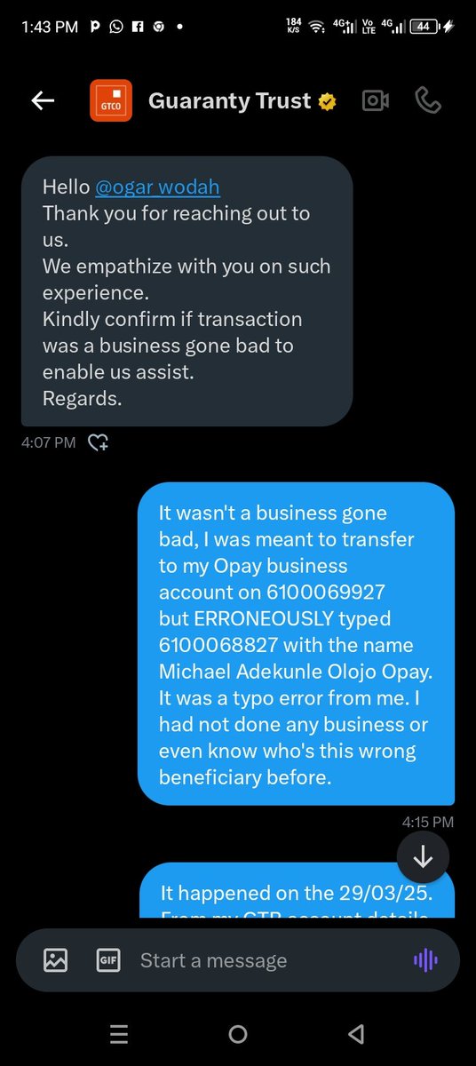 ogar_wodah's tweet photo. I am surprised the way @OPay_NG and @gtbank are handling this issue. I am using this medium to appeal to Opay to invite Michael Adekunle Olojo immediately to verify with proof if I had done any transactions with him. @OPay_NG should let me know or my bank if this money is there. https://t.co/4Qmt31DVvv