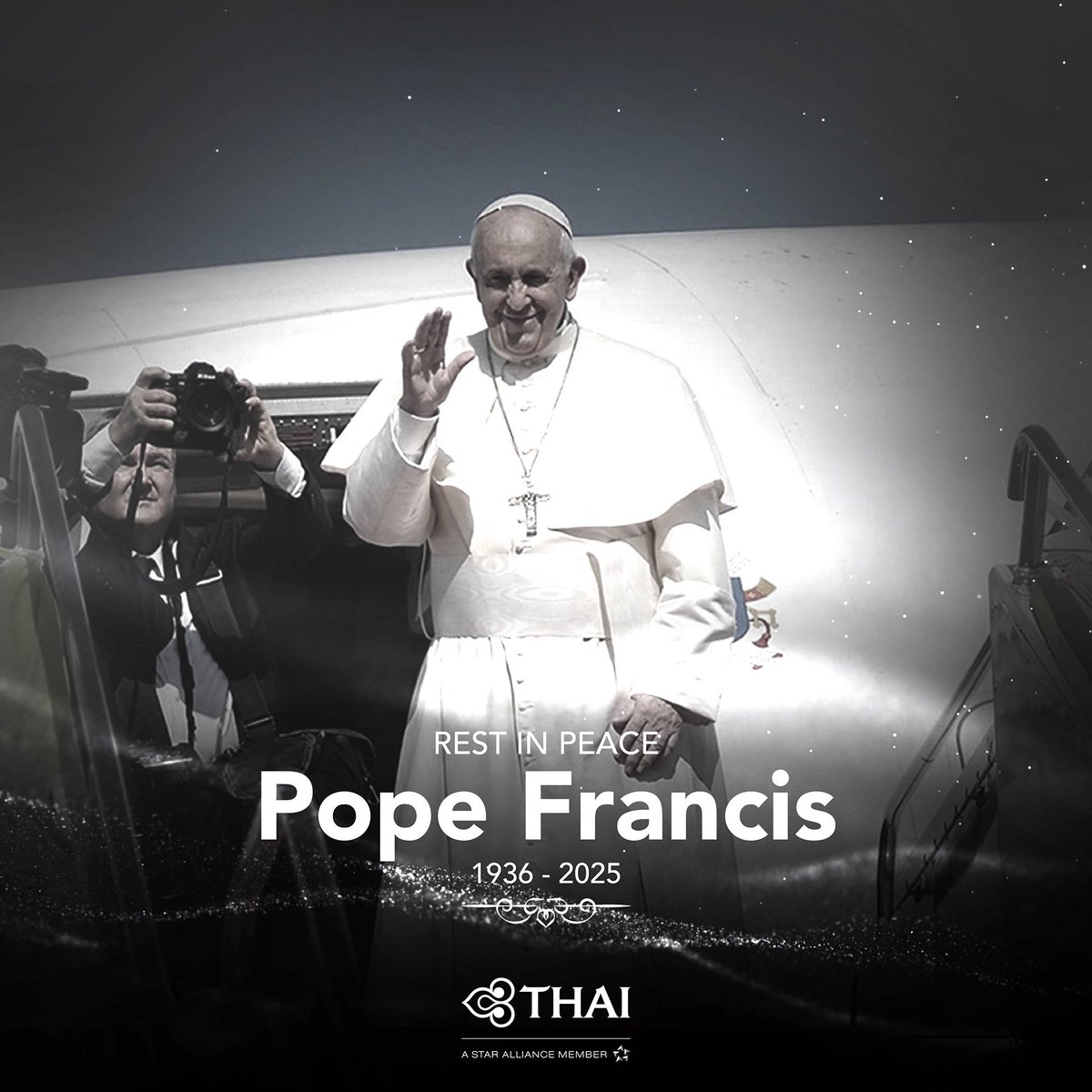 Thai Airways humbly extends its deepest condolences on the passing of His Holiness Pope Francis (1936–2025), a revered spiritual leader whose life was devoted to peace, compassion, and unity.
May His Holiness rest in eternal peace.