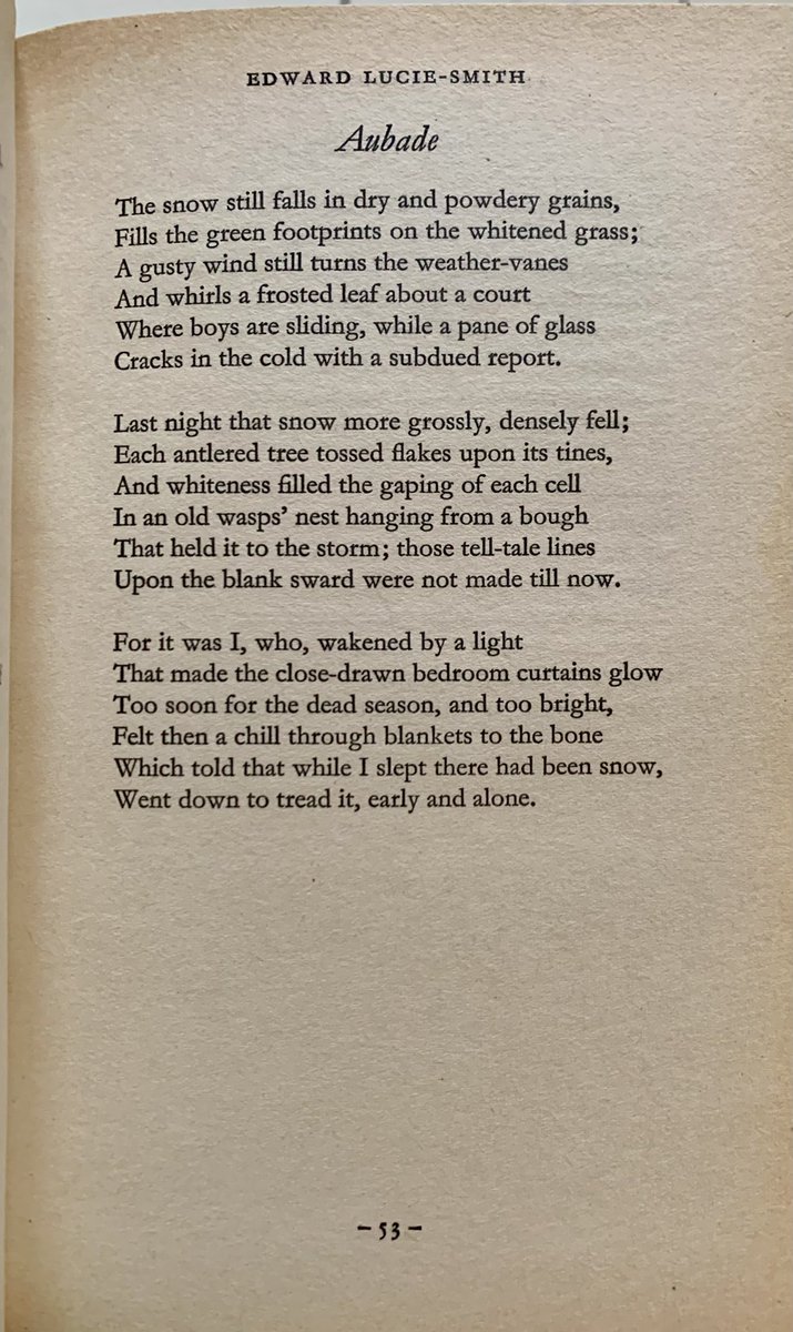 AndrewSchuman's tweet photo. Just discovered this beautiful Aubade of Edward Lucie-Smith (b. 1933). The whiteness of the snow filling the green footprints brings to mind Larkin’s ‘An April Sunday brings the snow/ Making the blossom on the plum trees green,/ Not white.’ https://t.co/Ynh4Dl6Rw8