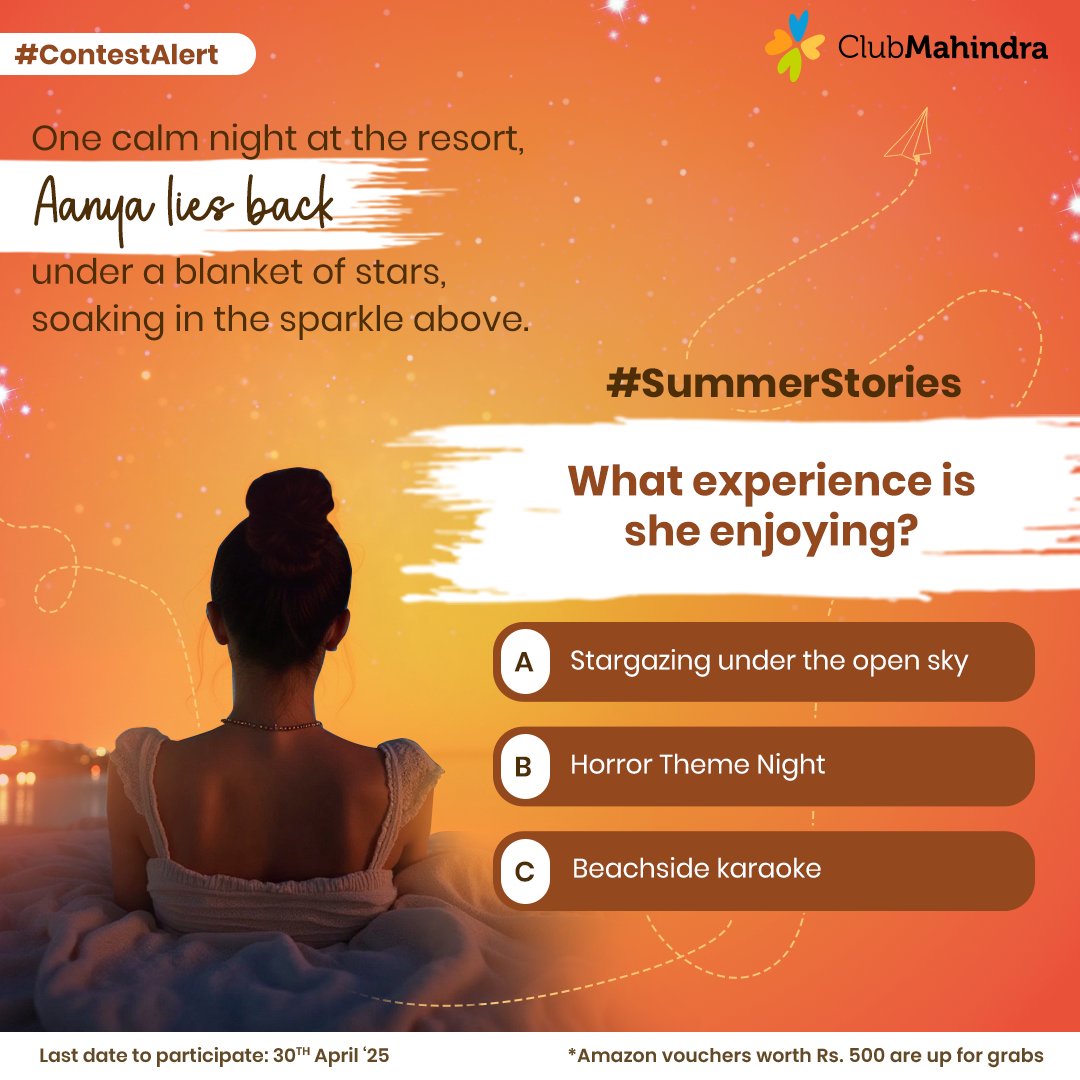 Club Mahindra (@clubmahindra) on Twitter photo #ContestAlert 6 of 15
Participate in all #SummerStories
STEPS
1) Comment below with your answer using #SummerStories and #ClubMahindra.
Donât forget to tag <a href="/clubmahindra/">Club Mahindra</a> and four of your friends â itâs mandatory!
2) Participate in all 15 contest posts. Winners get Amazon #ContestAlert 6 of 15
Participate in all #SummerStories
STEPS
1) Comment below with your answer using #SummerStories and #ClubMahindra.
Donât forget to tag <a href="/clubmahindra/">Club Mahindra</a> and four of your friends â itâs mandatory!
2) Participate in all 15 contest posts. Winners get Amazon