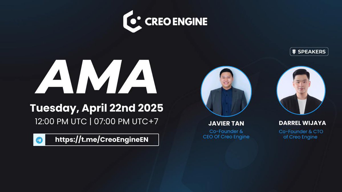 creo_engine's tweet photo. 𝐂𝐑𝐄𝐎 𝐄𝐍𝐆𝐈𝐍𝐄 𝐓𝐨𝐰𝐧𝐡𝐚𝐥𝐥!

Join our special Townhall session with our CEO, @JavierTanCREO , and our CTO, @darrel_wijaya as they share the latest $CREO development updates and what’s next for the ecosystem.

Get exclusive insights on our current progress, upcoming milestones, and have your questions answered directly by the core team.

• Tuesday, April 22nd, 2025
• 12:00 PM UTC | 07:00 PM (UTC+7)
• https://t.co/RhXAElrXNT

Let’s build the future of Web3 gaming together — see you there!
