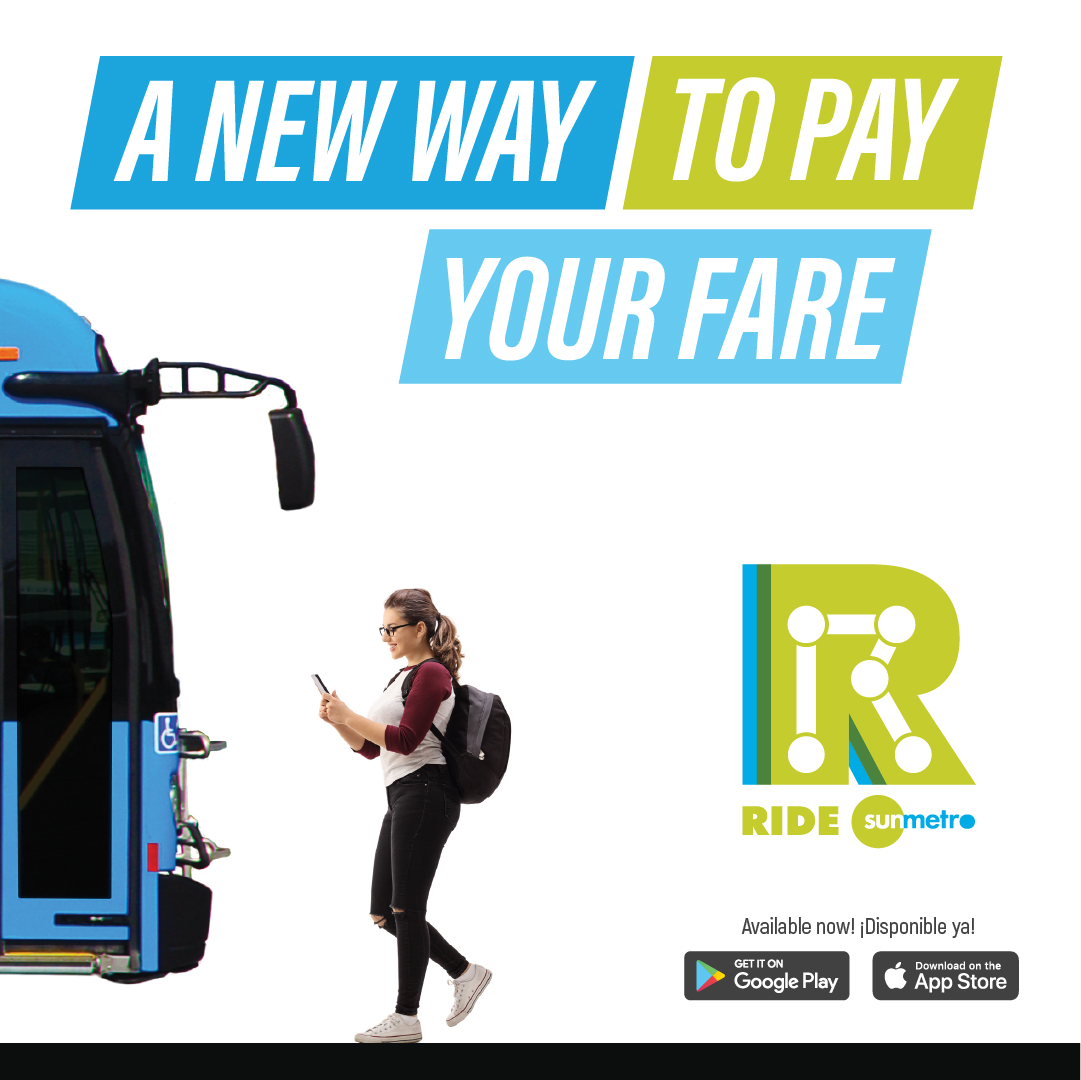 The Ride Sun Metro App: A new way to pay your fare.
Download on the App Store: apple.co/3yw80i0
Get it on Google Play: bit.ly/3p0vSao