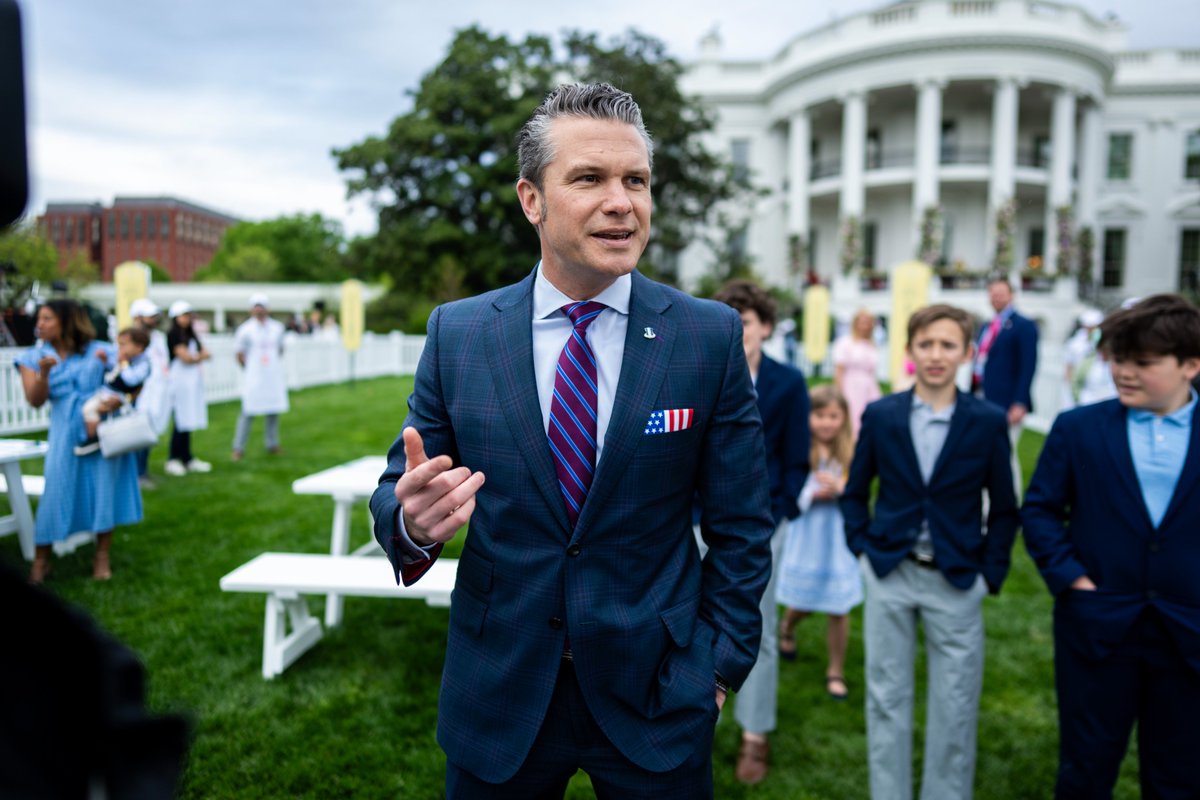 Secretary of Defense Pete Hegseth makes remarks to the media during the 2025 White House Easter Egg Roll on the South Lawn of the White House.