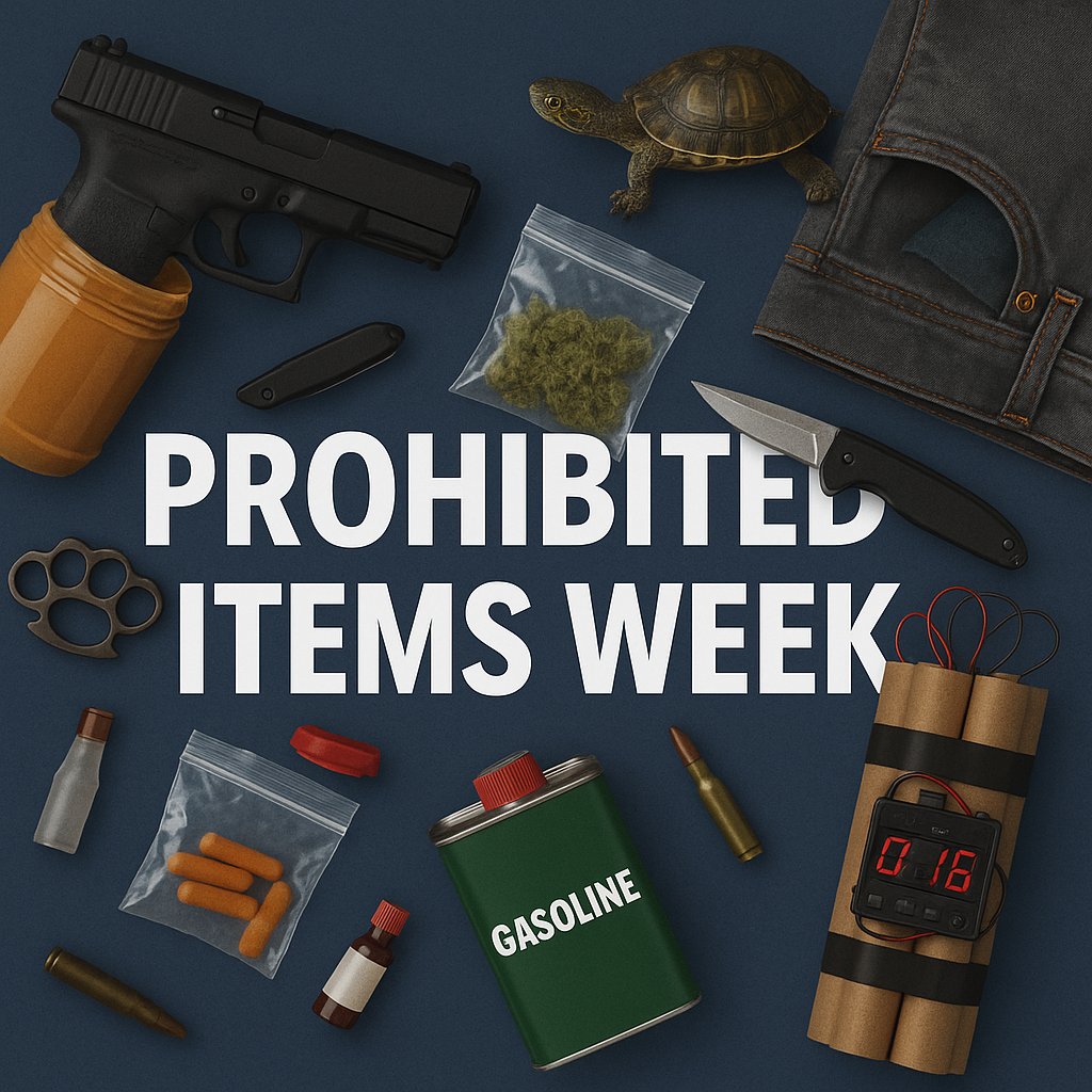 TSA's tweet photo. Hold on to your luggage, it’s officially #ProhibitedItemsWeek! Check in with us all week long as we share some great catches by our officers, give you all the info on what NOT to pack, and drop helpful travel tips for your future trips. https://t.co/tk949SDs1g