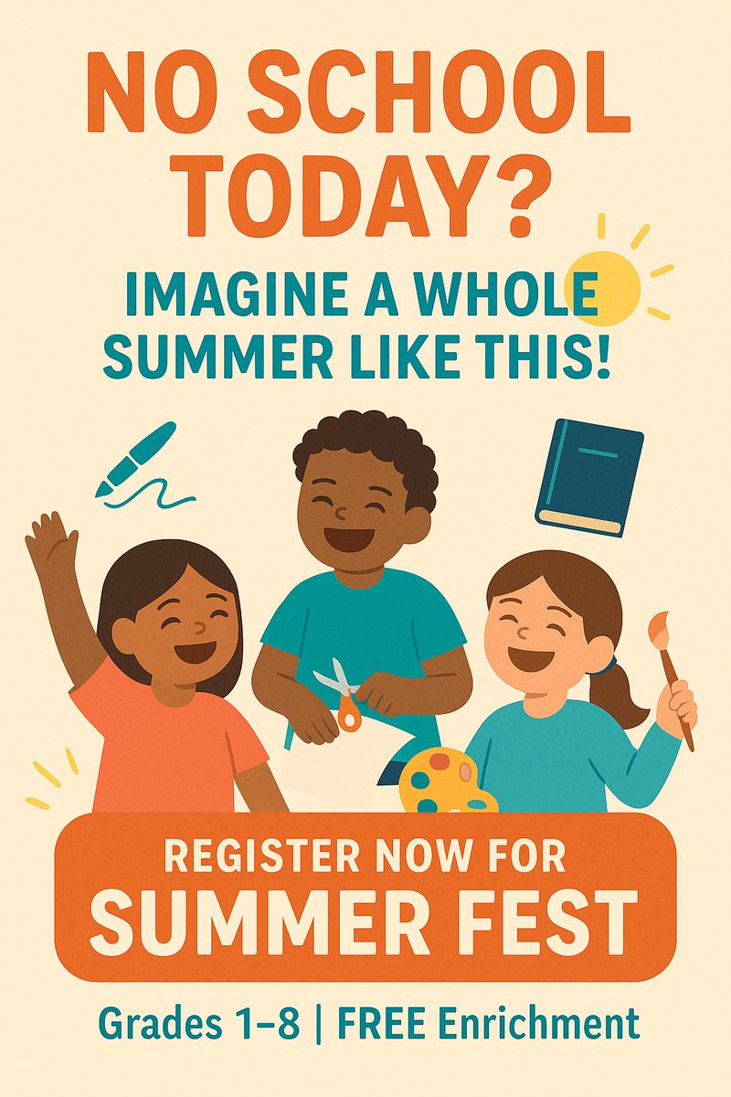 AliefSummerFest's tweet photo. No school today?
Just imagine a whole summer of fun, creativity & learning! ☀️🎨📚
🎉 Alief Summer Fest is FREE for students in grades 1–8!
Spots are filling fast—register now!
Follow 👉 @AliefSummerFest
#JoinTheFest #AliefSummerFest #SummerInTheLief #NoSchoolVibes https://t.co/FUGwRn2Vwc