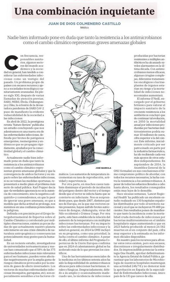 “Una combinación inquietante”, artículo publicado por el Dr. Juan de Dios Colmenero en el diario Sur de Málaga, sobre la resistencia bacteriana y el cambio climático.