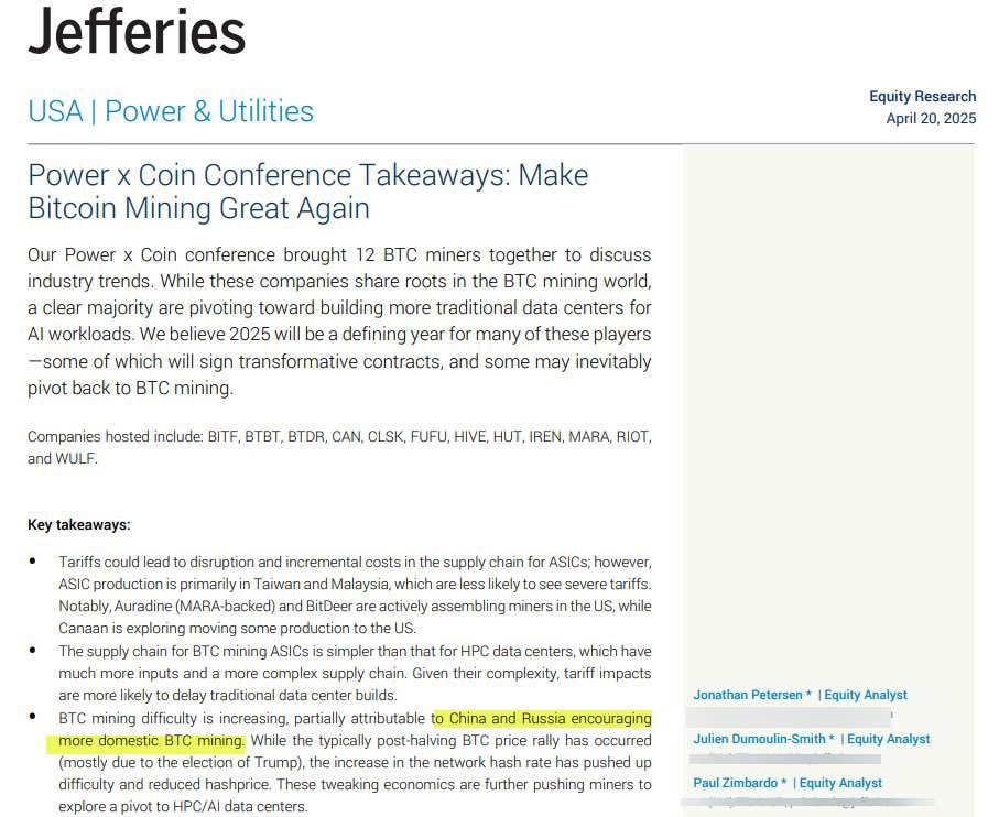 JUST IN: 🇺🇸 Financial Firm Jefferies analysts say, “China and Russia are encouraging more domestic #Bitcoin Mining.” 👀