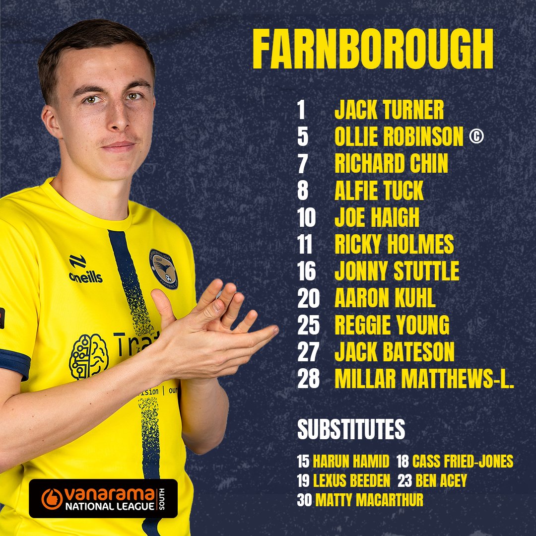 FarnboroughFC's tweet photo. 📝 Your #FarnboroughFC side to play Hampton &amp; Richmond Borough in The Vanarama National League South ⚪️

📻 https://t.co/tAVEIFJgO7 https://t.co/ow0WHFY3uJ