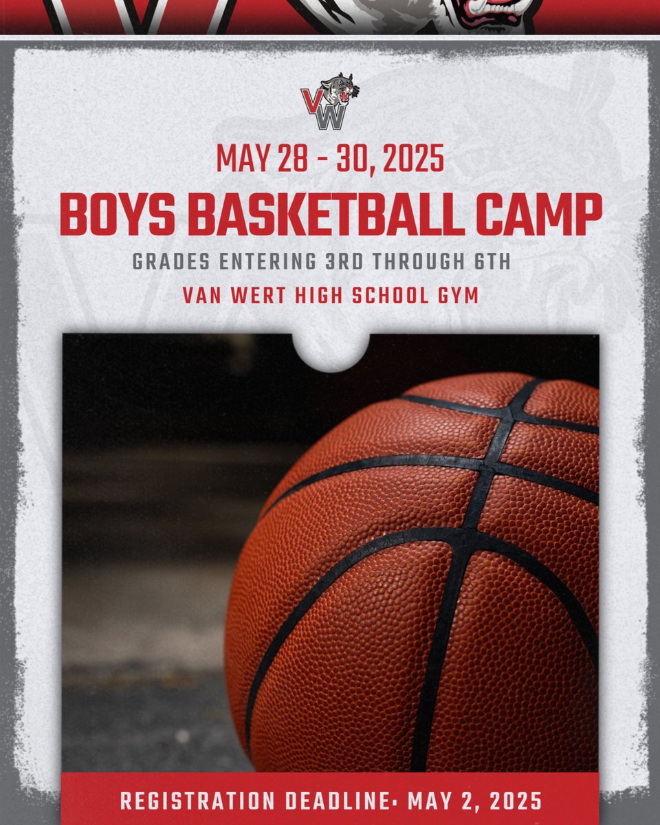 VWCougarAD (@vwcougarad) on Twitter photo Van Wert Basketball Camp info for boys entering grades 3-6 in the fall! The deadline to register is May 2, 2025. The registration form is linked in the comments below. For questions, contact Coach Best at j_best@vwcs.net #GoCougs🐾 Registration form here > acrobat.adobe.com/id/urn:aaid:sc… Van Wert Basketball Camp info for boys entering grades 3-6 in the fall! The deadline to register is May 2, 2025. The registration form is linked in the comments below. For questions, contact Coach Best at j_best@vwcs.net #GoCougs🐾 Registration form here > acrobat.adobe.com/id/urn:aaid:sc…