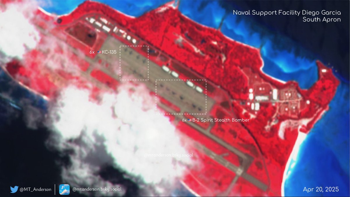 🇺🇸NSF Diego Garcia🇺🇸
Sustained B-2 presence continues at Diego Garcia, a small atoll in the Indian Ocean, part of the Chagos archipelago

📷 Sentinel 2: 20 April 2025

6x USAF B-2 bombers
6x USAF KC-135 stratotankers