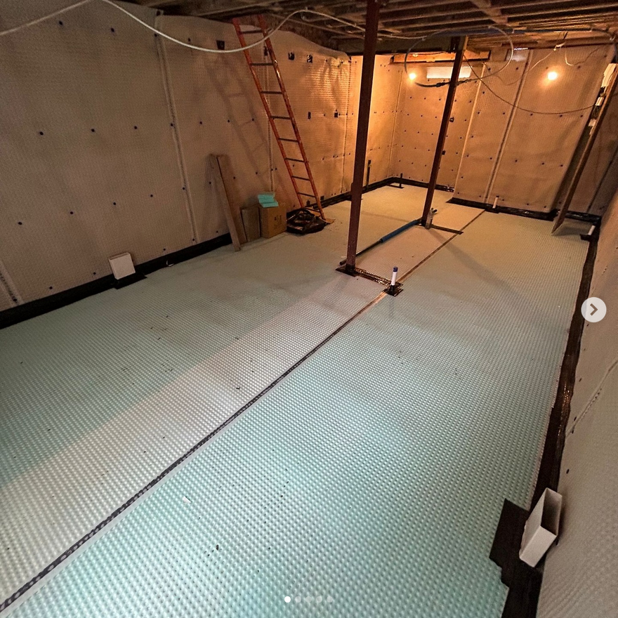 APGoochLtd's tweet photo. Cavity drainage membrane system installed on this basement project in W6. The basement walls were rendered to provide a flat substrate for the  waterproofing and finishes. Pre-treated timber battens will be fixed  into the membrane fixings to accommodate plywood and plasterboard. https://t.co/x0Hh9MqdFY
