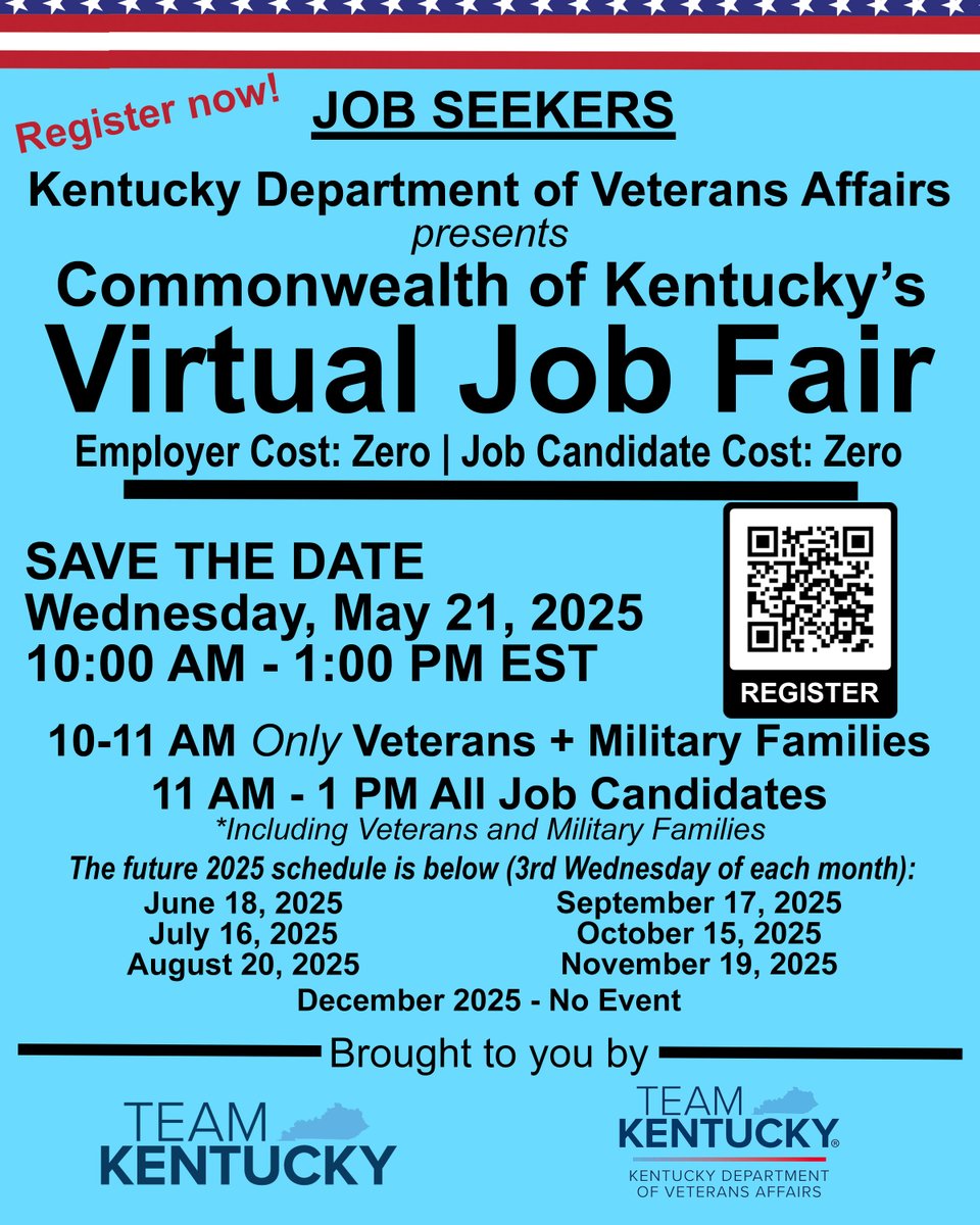 We’re excited to announce the Commonwealth of Kentucky’s Virtual Job Fair, May 21, presented by the Kentucky Department of Veterans Affairs, and we’d love for you to be a part of it! Register Now! #veterans #TeamKentucky #Kentucky #opentowork #jobs #jobsearch #kyshrm #SHRM