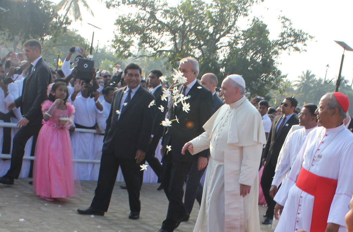 Such was the charisma of Pope Francis that even the flowers showered by a girl formed this flower bouquet in the air during Pope Francis's visit to war-ravaged Sri Lanka in 20215.
I was indeed privileged to accompany the Pope to report the four-day visit for the CNS.