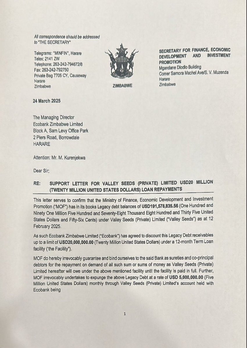 daddyhope's tweet image. RETWEET THIS FOR THE WORLD TO SEE

This is an official support letter from the Zimbabwean Ministry of Finance, dated 24 March 2025, addressed to the Managing Director of Ecobank Zimbabwe. 
It is signed by George Guvamatanga, who is the Permanent Secretary for Finance and the…