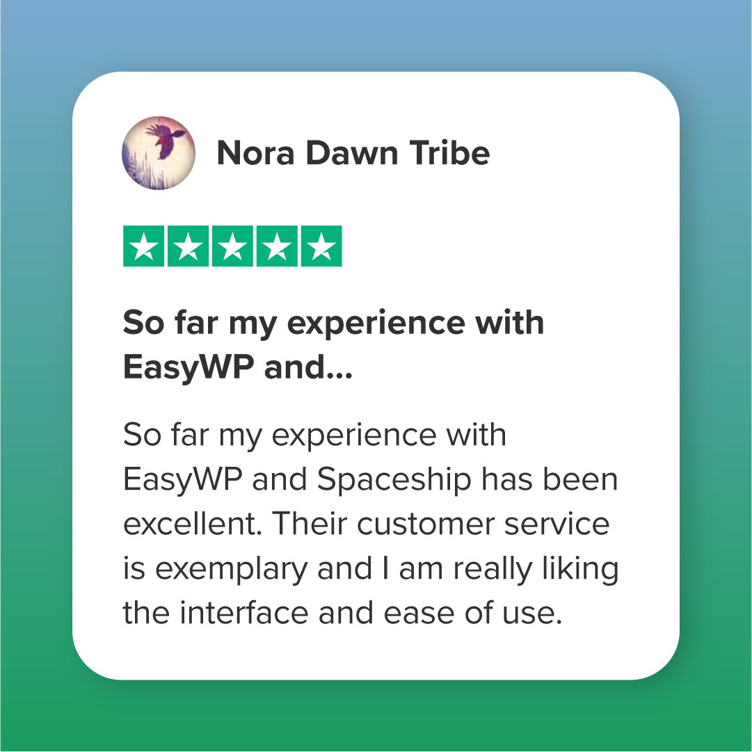 spaceship's tweet image. 🌟Fast. Simple. Reliable. That’s EasyWP. We’re always happy to hear feedback like this from our users. #SpaceshipTech #EasyWP #WordPressHosting