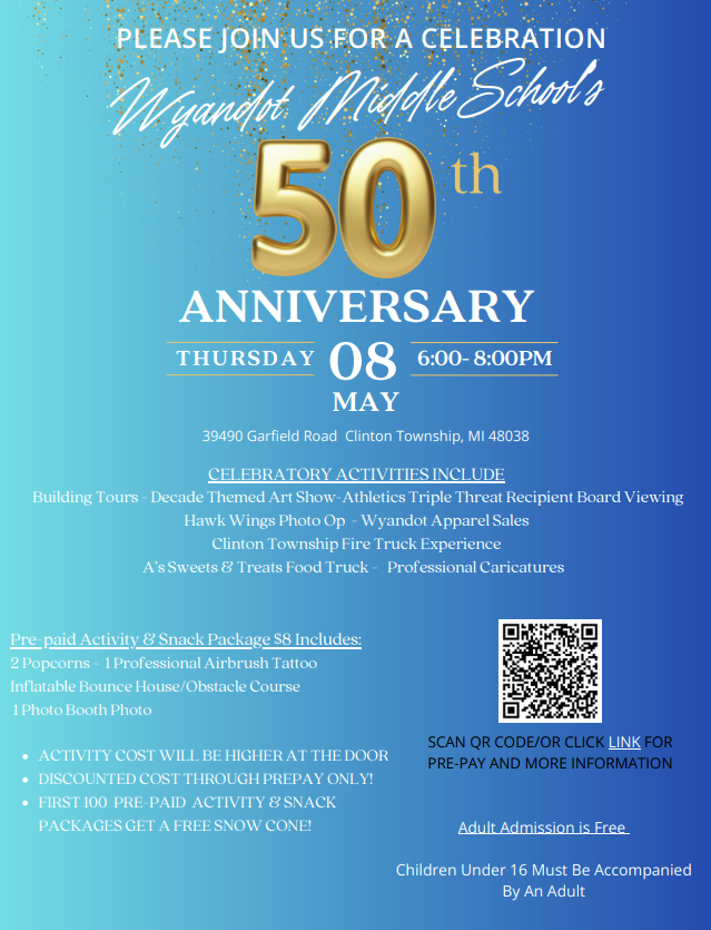 Join us for the Wyandot Middle School 50th Anniversary Celebration. Food, bounce houses, and fun activities for everyone! May 8th, from 6-8 pm.