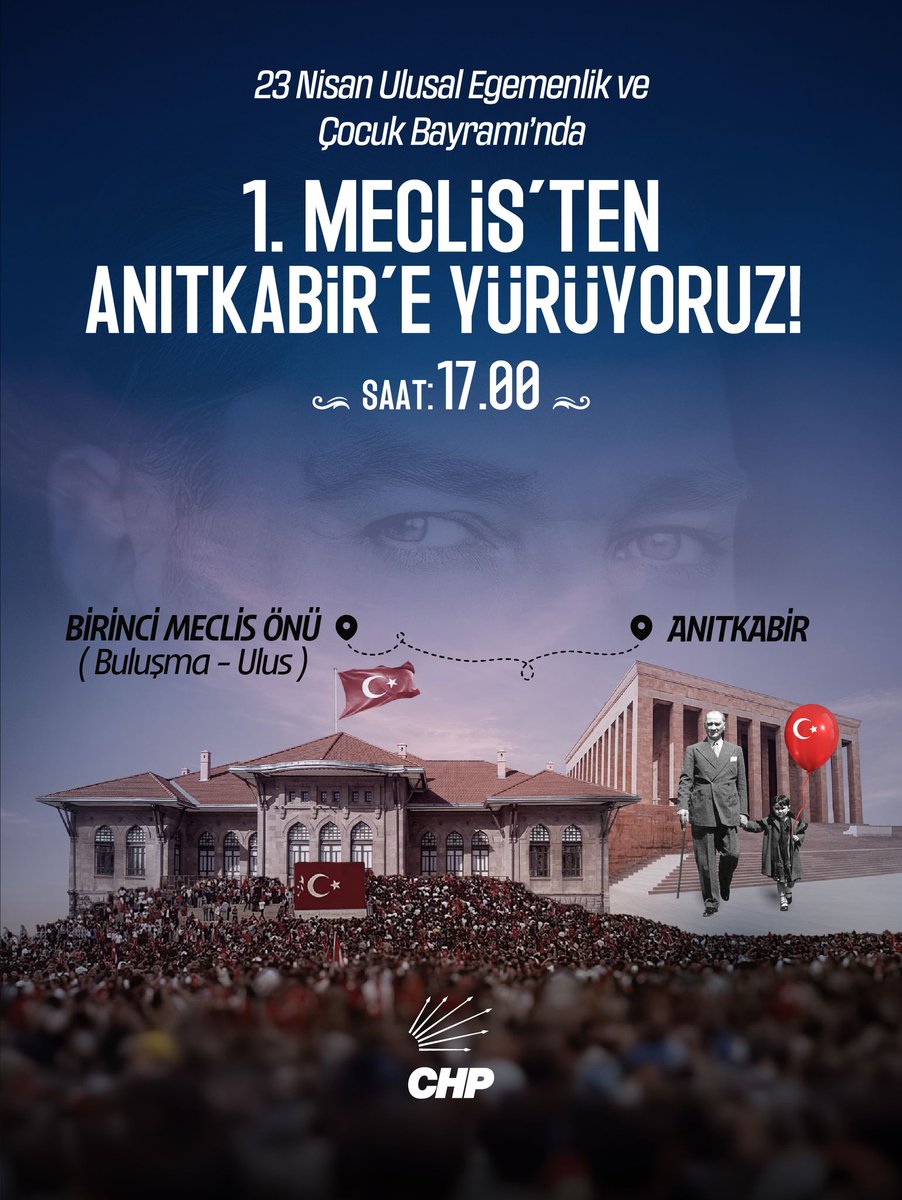 23 Nisan’da 1. Meclis’ten, Gazi Mustafa Kemal Atatürk’ün ebedi istirahatgahı Anıtkabir’e yürüyoruz. 

“Egemenlik kayıtsız şartsız milletindir!”

⏰17:00