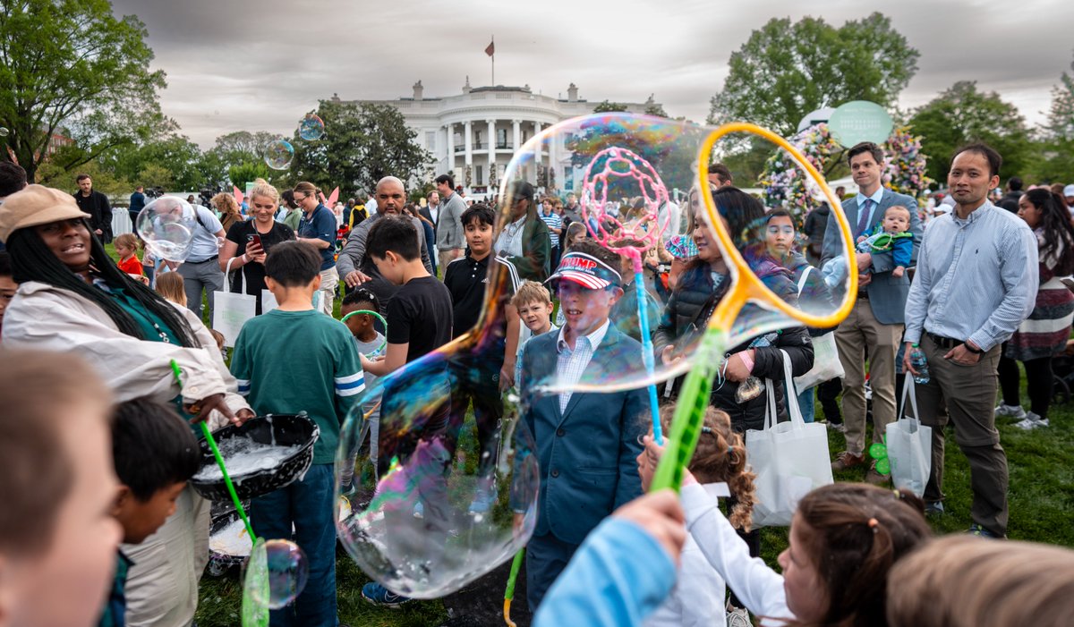 Children enjoy bubble making during the 2025 White House Easter Egg Roll on the South Lawn of the White House.