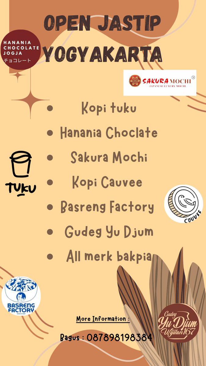 Bagusadhityaa1's tweet photo. 🌼 Open Jastip Jogja 🌼

✅ Kopi Tuku
✅ Hanania Chocolate 
✅ Sakura Mochi
✅ Kopi Cauvee 
✅ Basreng Factory 
✅ Gudeg Yu Djum 
✅ All Merk Bakpia

Ready Senin, 28 April 2025  

More info : 087898198384 https://t.co/Jk83fM6g1r