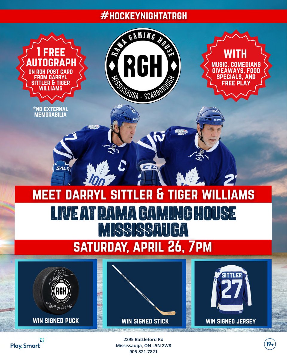 Tim Hortons Southside Shuffle (@ssshufflepc) on Twitter photo Post Reshare: Happening at <a href="/RamaGamingHouse/">Rama Gaming House</a>
Meet NHL legends Darryl Sittler & Tiger Williams LIVE at Rama Gaming House, Mississauga on Saturday, April 26 at 7PM!
1 FREE AUTOGRAPH on RGH Postcard
Live Entertainment โ Music, Comedians & More
Giveaways โ Win a signed puck, Post Reshare: Happening at <a href="/RamaGamingHouse/">Rama Gaming House</a>
Meet NHL legends Darryl Sittler & Tiger Williams LIVE at Rama Gaming House, Mississauga on Saturday, April 26 at 7PM!
1 FREE AUTOGRAPH on RGH Postcard
Live Entertainment โ Music, Comedians & More
Giveaways โ Win a signed puck,