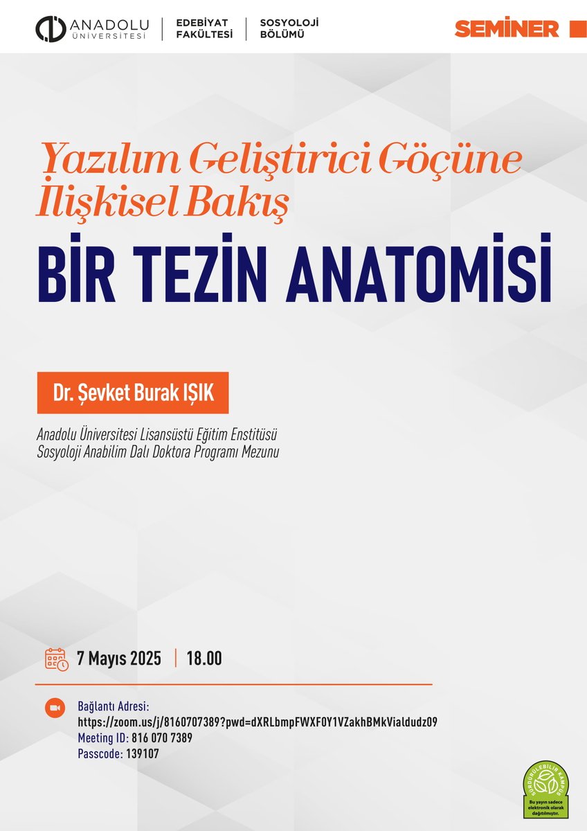 7 Mayıs Çarşamba günü Dr. Şevket Burak Işık'ın konuşmacı olacağı seminerimize davetlisiniz!
🕑 18:00
💻 Bağlantı adresi: zoom.us/j/8160707389?p…