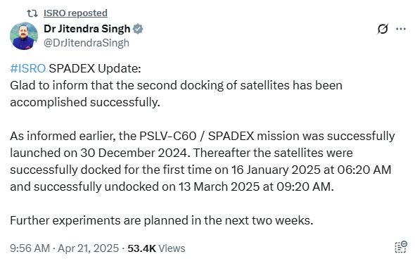 PBSHABD's tweet image. #WATCH | @isro achieves another milestone! 
Successful second satellite docking under the Space Docking Experiment (SpaDeX) marks a giant leap for India’s space tech. 
Union Minister @DrJitendraSingh congratulated ISRO for this stellar feat!
#ISRO #SpaDeX #SpaceDocking…