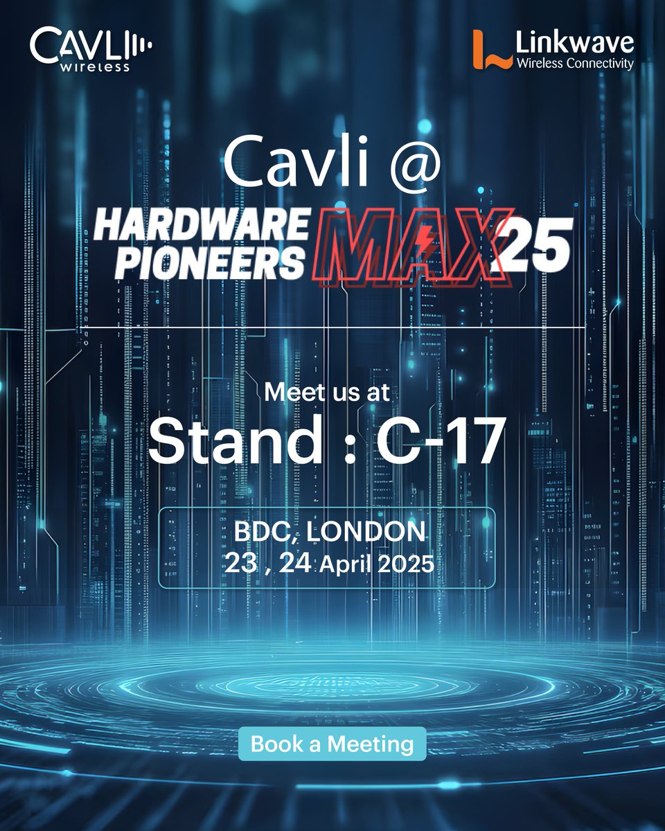 cavliwireless's tweet image. Cavli Wireless, in collaboration with #LinkwaveTechnologies will be exhibiting smart cellular modules and end-to-end IoT solutions at #HardwarePioneersMAX 2025, April 23–24, at Stand C-17, BDC London.

🔗Book a meeting: calendly.com/cavli-wireless…

#CellularModules #Cavli