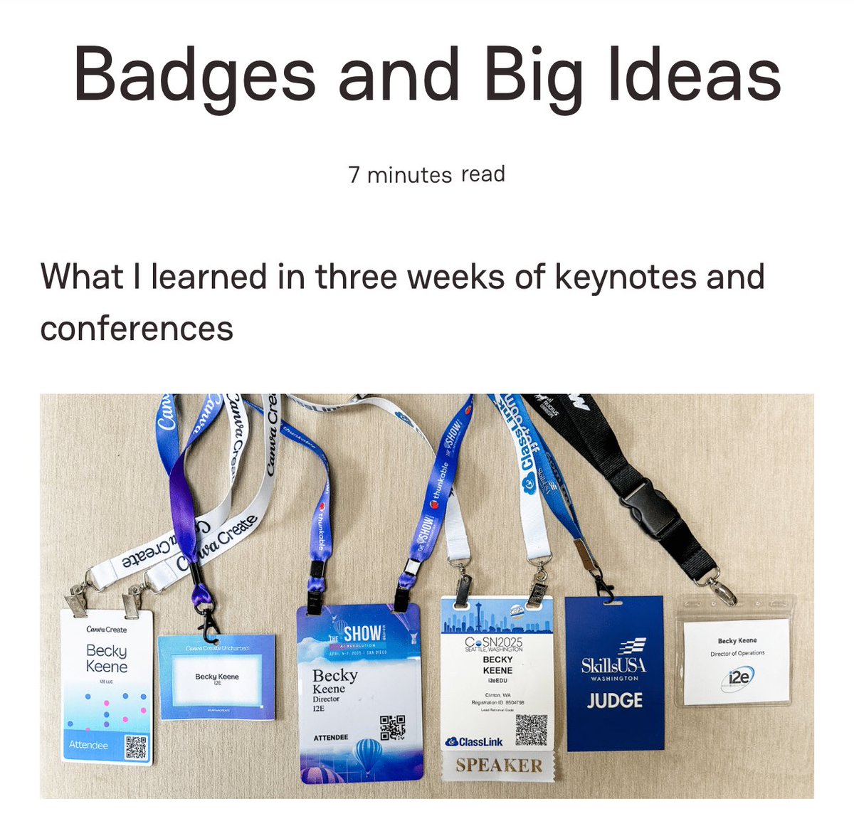 Becky Keene ๐ฆ (@beckykeene) on Twitter photo New blog post is live! โBadges and Big Ideasโ is a recap and reflection on six events in three weeks for <a href="/i2eEDU/">insight2execution (i2e)</a>. #ASUGSV #CoSN2025 #CanvaCreate #AIEmpowered #AI #UTAustin #SkillsUSA
beckykeene.com/2025/04/21/badโฆ New blog post is live! โBadges and Big Ideasโ is a recap and reflection on six events in three weeks for <a href="/i2eEDU/">insight2execution (i2e)</a>. #ASUGSV #CoSN2025 #CanvaCreate #AIEmpowered #AI #UTAustin #SkillsUSA
beckykeene.com/2025/04/21/badโฆ