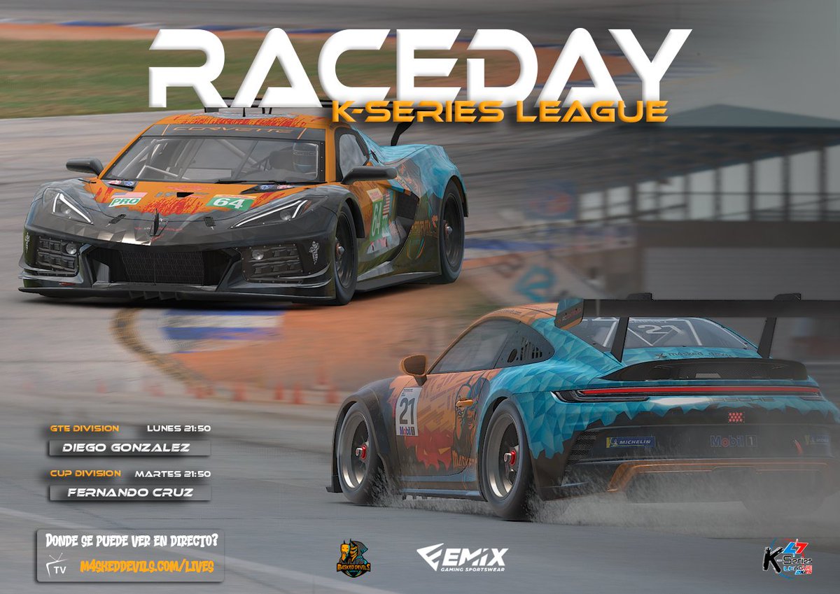 #RaceDay 

Vuelve la #Kseriesleague2k25 con las categorías de GTE (Lunes) y Porsche CUP (Martes) de <a href="/ktd_competicion/">KTD Competición</a> 

🔸 Ronda 1 | Sebring
⏰ Lunes 21:50
👤 <a href="/diegogon89/">Diego G.</a> 

⏰ Martes 21:50
👤 <a href="/fer3c_14/">Fernandø</a> 

📺 m4skeddevils.com/lives (retransmisión oficial)

#GoDevils 😈