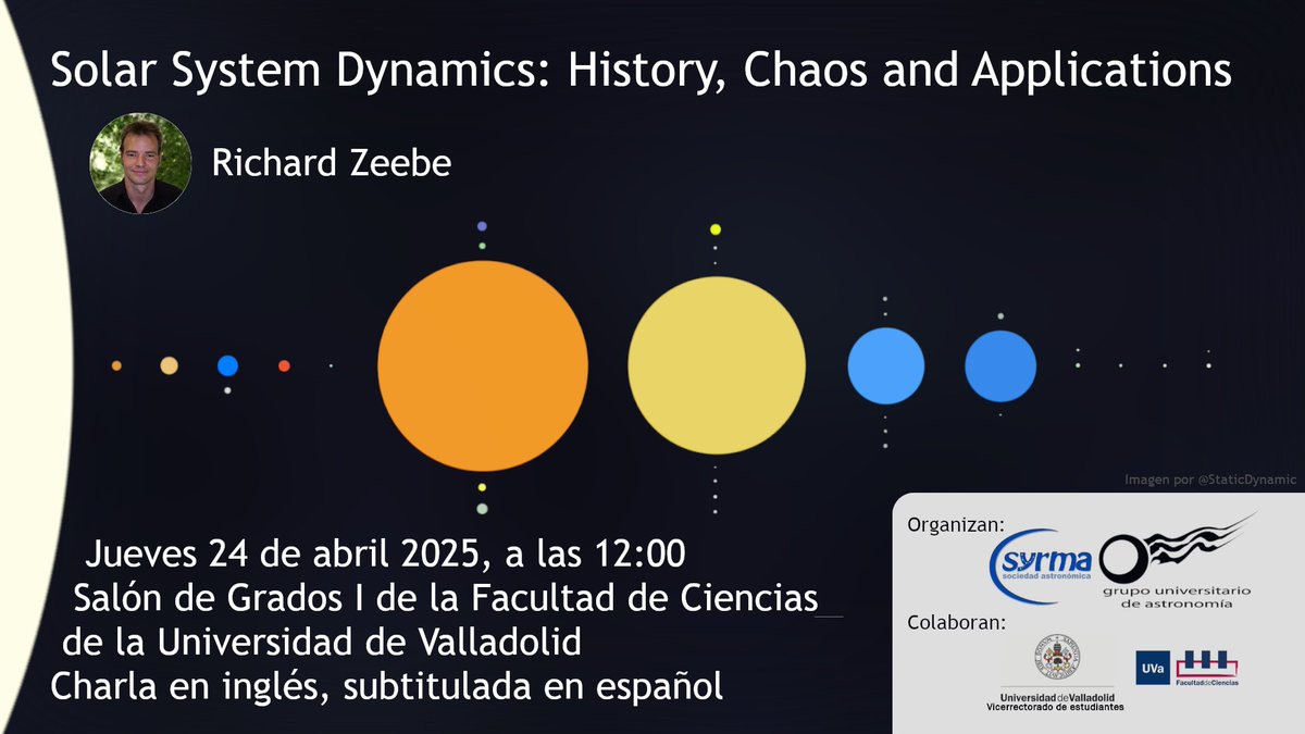 ¡Volvemos fuerte de semana santa! Esta semana tenemos dos charlas, el jueves y el viernes. En la primera, Richard Zeebe nos hablará de "Solar System Dynamics: History, Chaos and Applications", en inglés con subtítulos en español. 🌞🪐