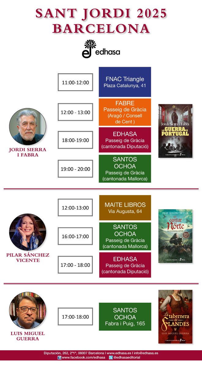 edhasaeditorial's tweet photo. ¡Dos días quedan para #SantJordi2025! 📚🌹
Nos encontrarás en nuestra parada de Passeig de Gracia esquina Diputació. Allí te esperan @FundacioSiF y Pilar Sánchez Vicente, #PremioEdhasa 2025.
@luismigumu también firmará en @SantosochoaBCN.
¡Nos vemos!
#LaaventuraestáenEdhasa https://t.co/2B1dMT1pec