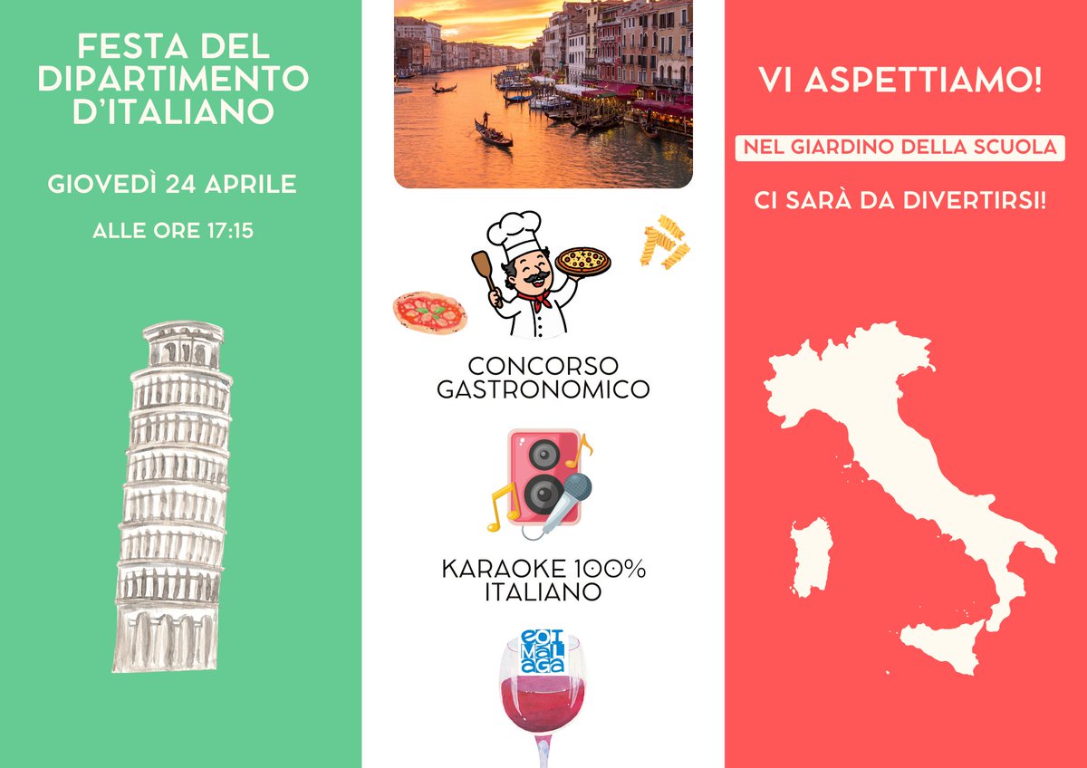 Festa del Dipartimento d'italiano!
🗓️giovedì 2 aprile 
-Concorso gastronomico a premi 
-Teatrino "First Date" 
-Karaoke 100% italiano e tante altre sorprese ...
#italiano_EOI