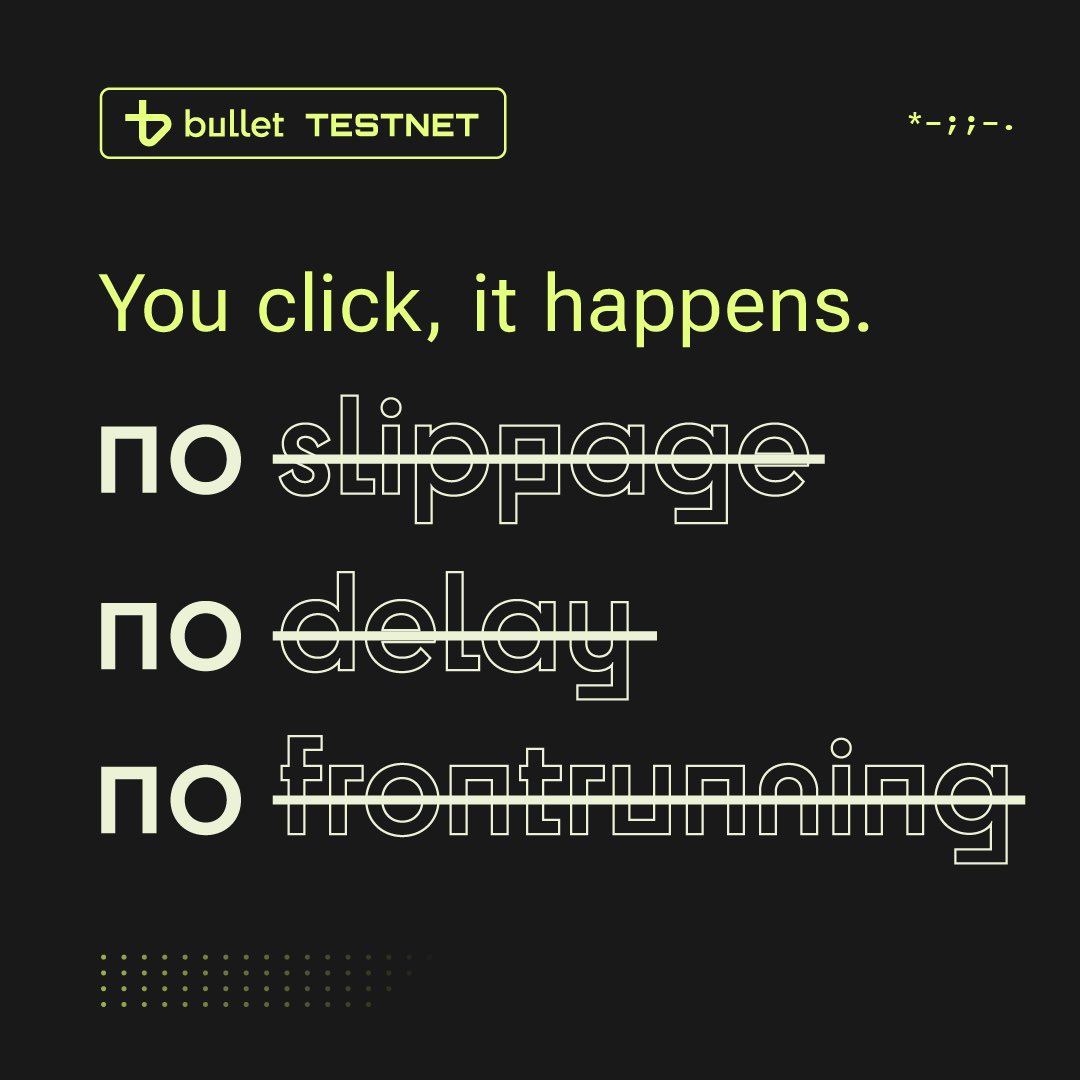 Dopportunist1's tweet photo. The @bulletxyz testnet is live! Experience the future of trading on Solana with ultra-fast transactions and zero gas fees. Join now: https://t.co/LdOWxaoVby
#testnet #solana #solanatestnet #bullettestnet https://t.co/AO1wMIhFXS