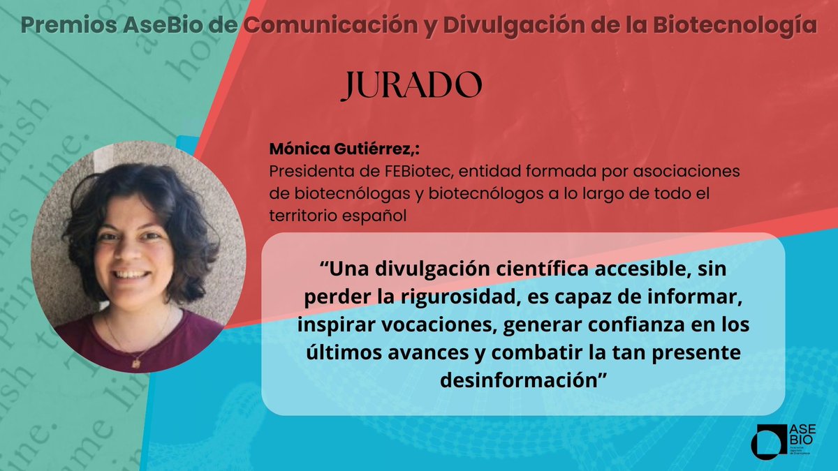 Más jurado de los #PremiosComunicaciónAsebio. Mónica Guitiérrez ( <a href="/movigusa/">Niki (Mónica) Gutiérrez</a> ) presidenta de @febiotec.
💬 “La comunicación científica es una herramienta clave para acercar la biotecnología a la sociedad”
🗓️16 de junio en el Circulo de Bellas Artes de Madrid.

#SomosBiotecnología