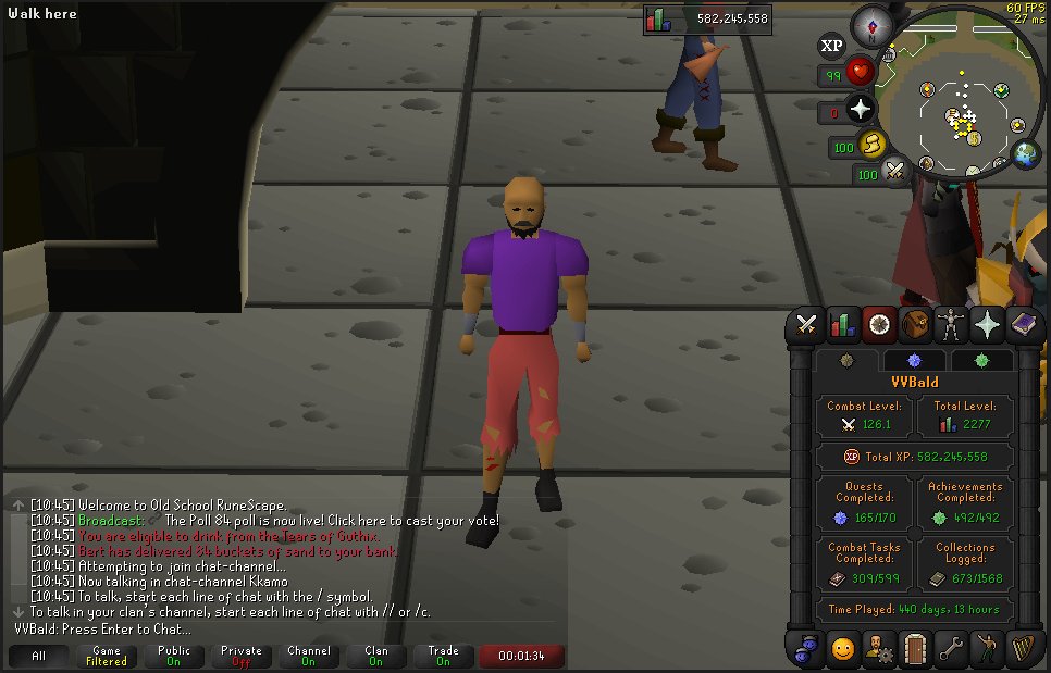 VVBald's tweet image. Five years ago, I started as an ironman to play the game solo. but is the gamemode really &quot;ironman&quot; if you need people to get the items/achievements you want? Which is why I’ve deironed my maxed 10,000 hour account. I&apos;m going to buy my scythe on the GE.  

Have a great day.