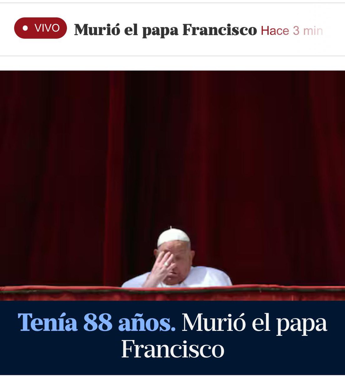 PJavierOR's tweet photo. El papa Francisco ha muerto.
Recemos por su eterno descanso, como buenos cristianos, y por el próximo Papa, para que Dios le dé la sabiduría necesaria para guiar la Nave en las tempestades.
Requiescat in pace. Amén