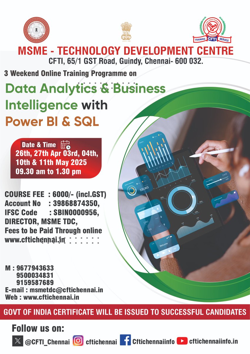 CFTI_Chennai's tweet image. 📊 Master Data Analytics & Business Intelligence 💻
Learn Power BI & SQL in a 3-weekend online training by CFTI Chennai!
📅 Apr 26, 27 | May 3, 4, 10, 11🕘 9:30 AM – 1:30 PM
#DataAnalytics #PowerBI #SQLTraining #CFTIChennai #BusinessIntelligence #OnlineCourse #MSMEIndia #SkillUp