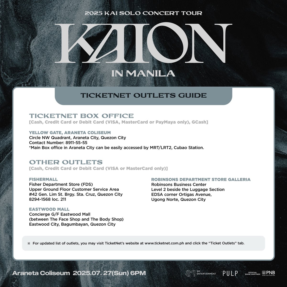 pulpliveworld's tweet photo. Here are your guides to getting tickets for the 2025 KAI SOLO CONCERT TOUR <KAION> IN MANILA! 🙌

Make sure to read all the details carefully and take note of the following ticketing dates:
🖤 EXO-L Membership (GL) Presale - May 2, 2025, 10AM to 10PM PHT exclusively via https://t.co/jn6ny7yHaC
🖤 PNB Cardholders Presale- May 3, 2025, 10AM to 10PM PHT exclusively via https://t.co/jn6ny7yHaC
🖤 General Onsale- May 4, 2025, starting 12PM PHT at all @TicketNetPH outlets and online via https://t.co/jn6ny7yHaC

Don’t miss your chance to see KAI live, plan ahead and secure your tickets! 🔥

#KAI #카이 #EXO #엑소 #weareoneEXO
#KAION #KAI_SOLO_CONCERT_TOUR
#2025_KAI_SOLO_CONCERT_TOUR_KAION
#KAIinMANILA2025